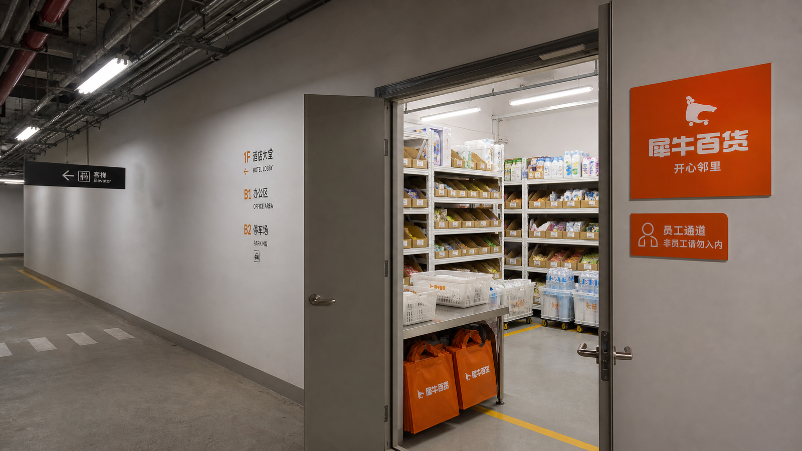 犀牛百货西门店地下仓外实景