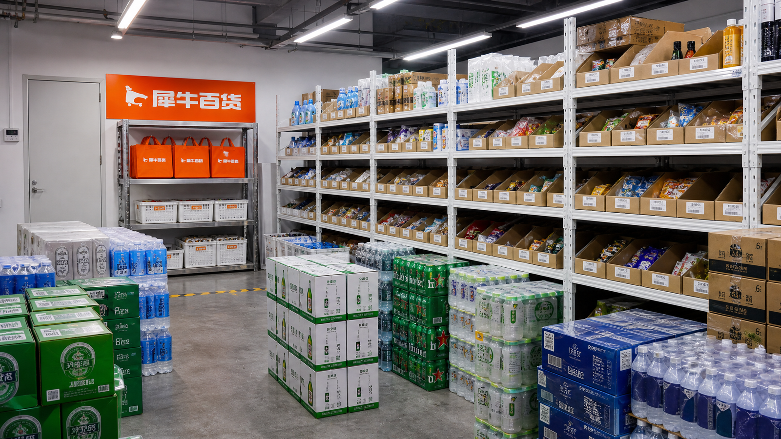 犀牛百货西门店仓内饮品货盘实景