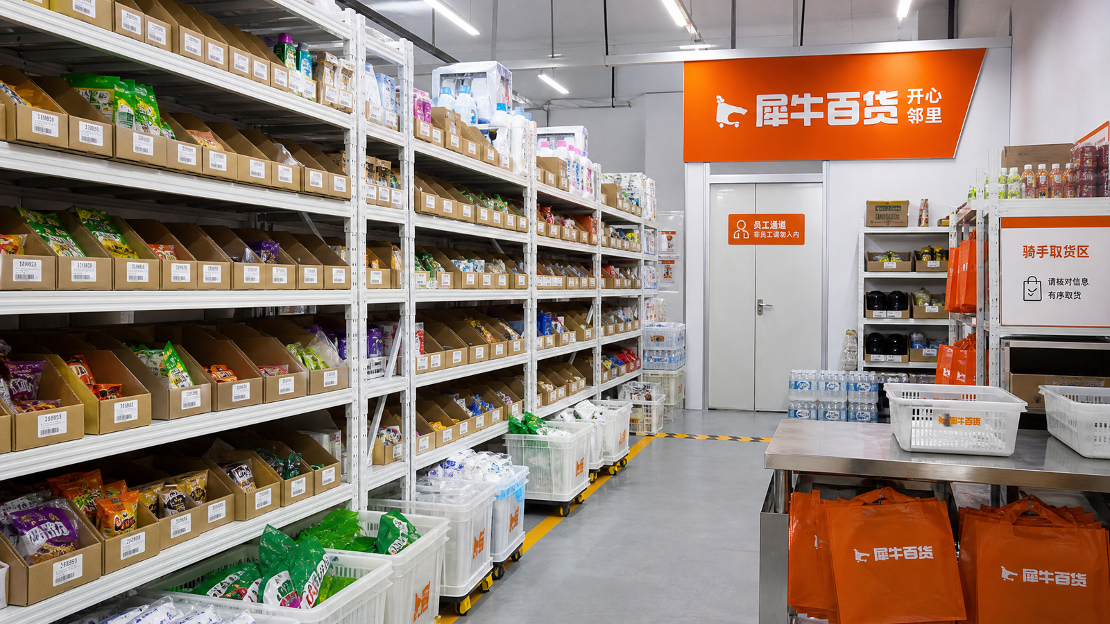 犀牛百货前置仓货架与骑手取货区实景